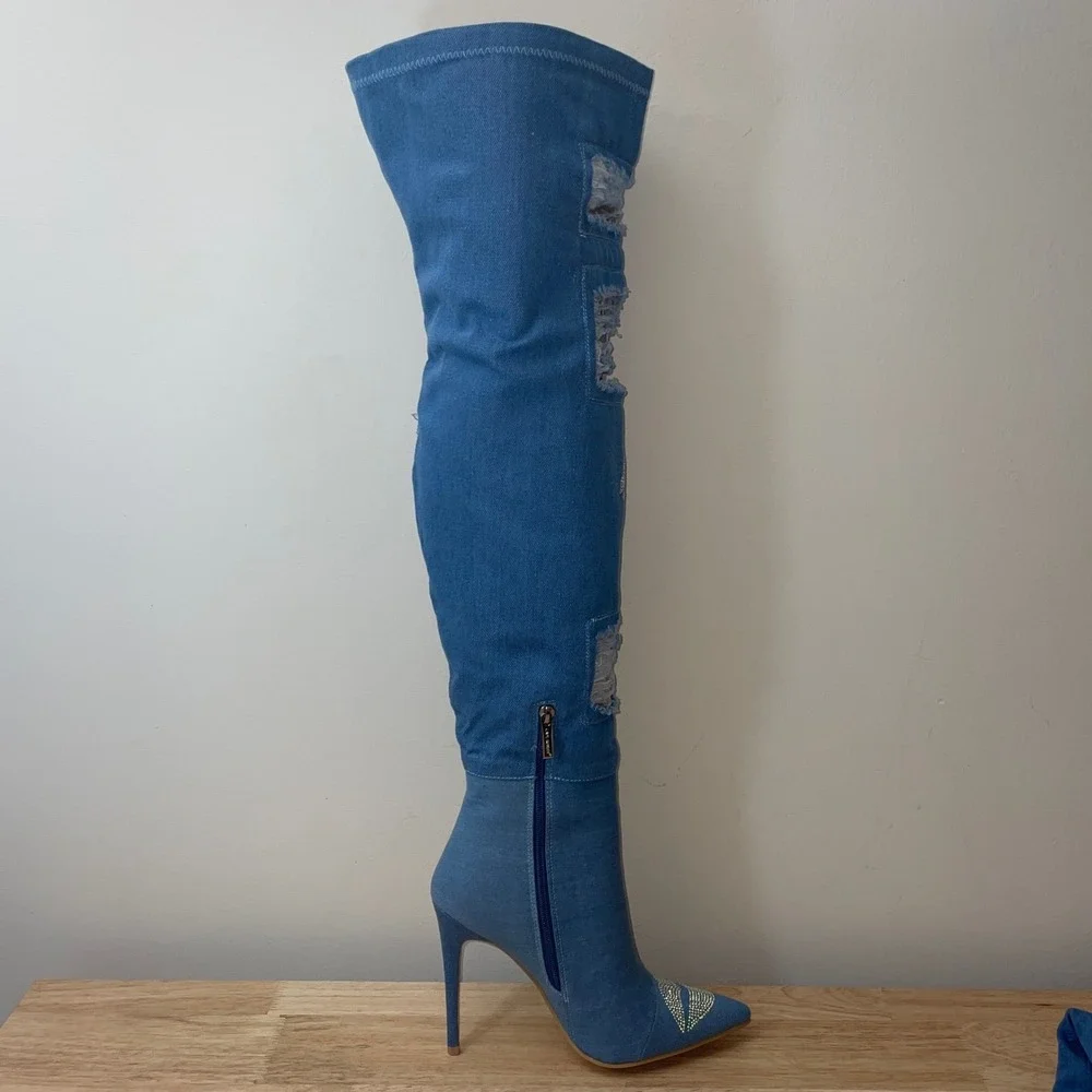 Cape Robbin Distressed Denim Rhinestone Thigh High Stiletto Boots Size‎ 7 NIB